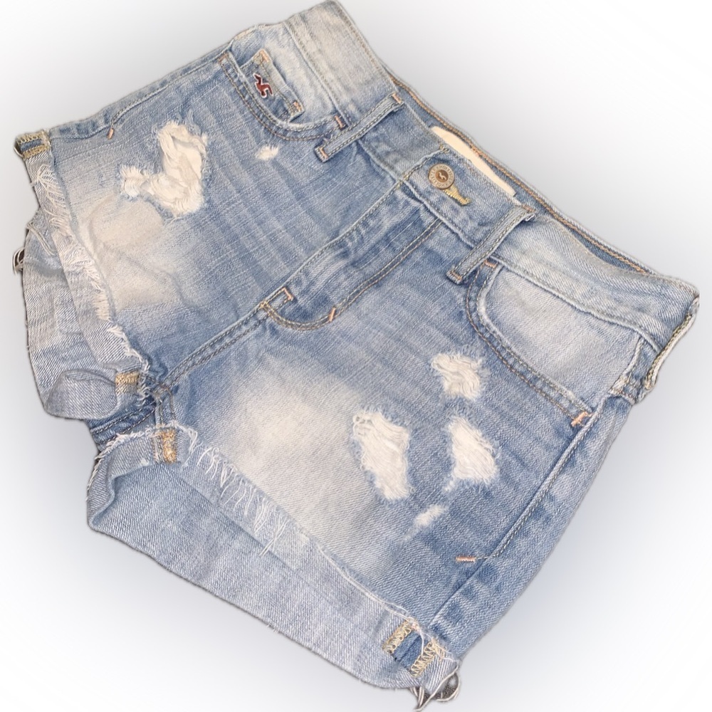 Hollister Y2K Light Blue Distressed Cuffed Denim Jean Short Shorts 0 24 - Picture 7 of 9